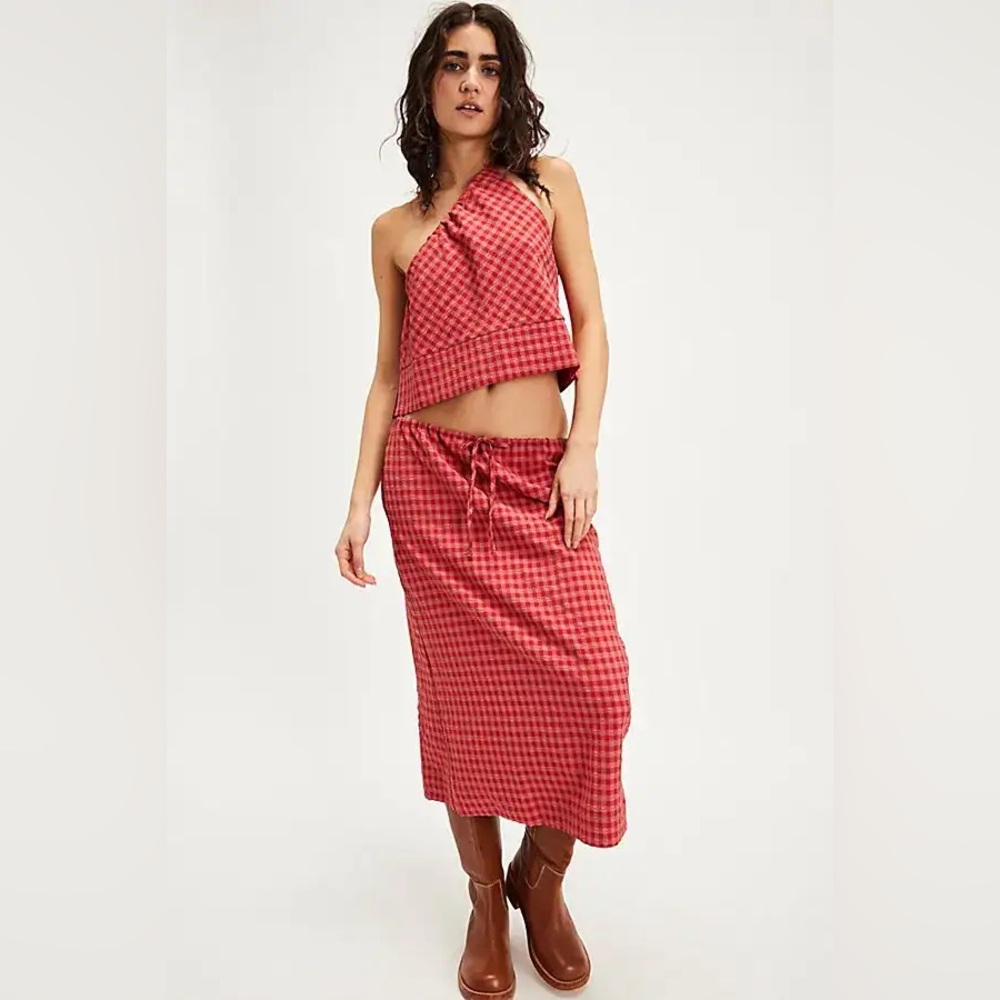 Free People Harper Plaid Set in Red Combo NWT